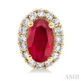 5x3 MM Oval Shape Ruby and 1/8 Ctw Single Cut Diamond Halo Precious Stud Earrings in 10K Yellow Gold